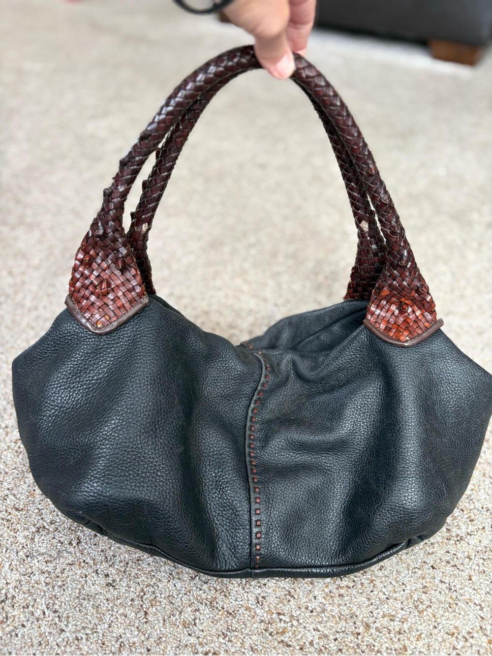 Paolo Masi Leather Hobo Bag with Woven Handles - Black & Brown